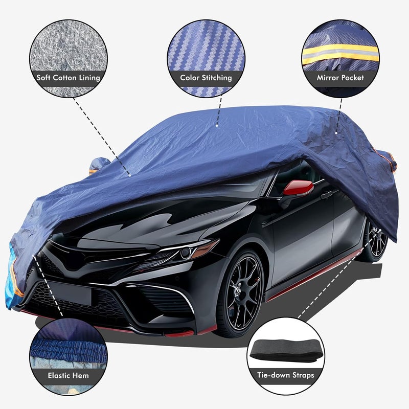DINGHAO Car Cover Waterproof All Weather, 6 Layers Outdoor Full Exterior Cover Rain Sun UV Snowproof Protection with Zipper Cotton, Mirror Pocket for Toyota Camry - Image 2
